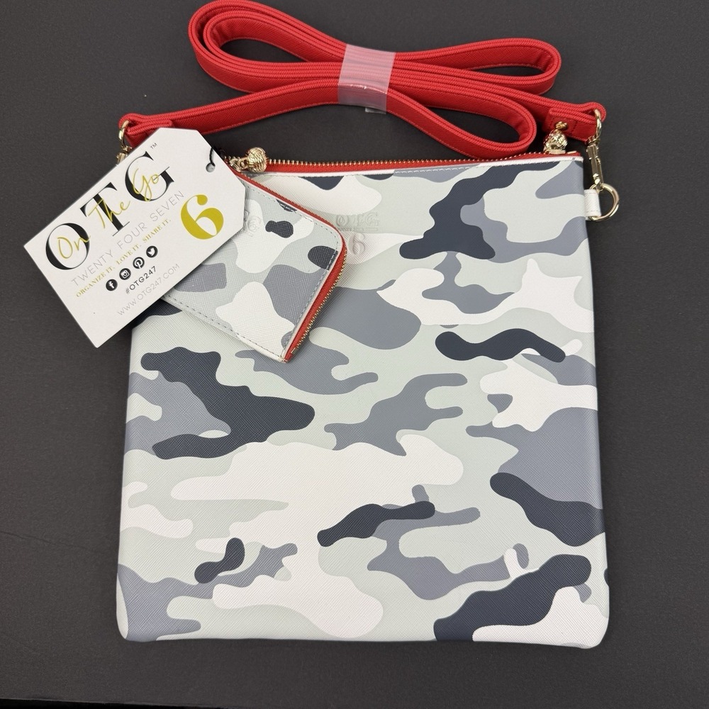 OTG 247 Abby Camo Crossbody Bag Gray White Red Vegan Handbag Brand New